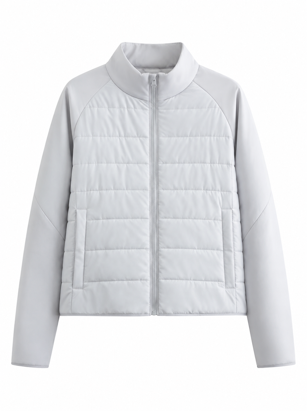 White quilted front knit sleeve zip jacket product photo