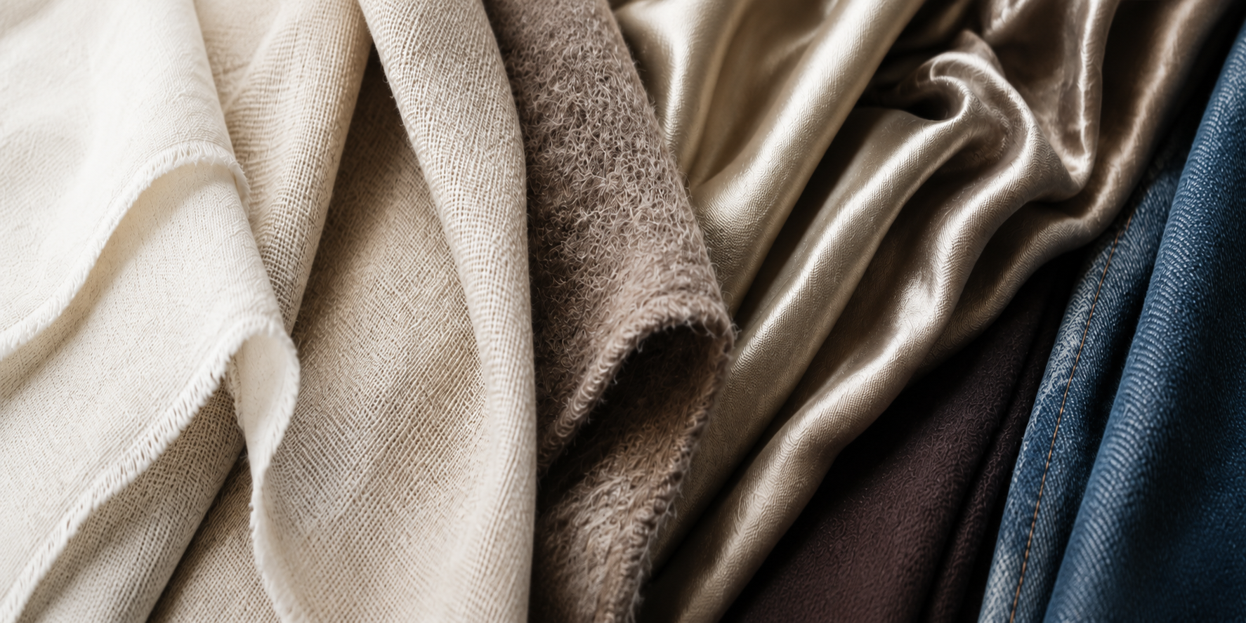 Layered linen, cotton, viscose, wool, silk and denim fabrics