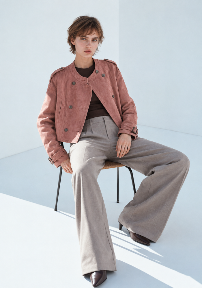 Woman modeling dusty rose cropped double breasted jacket