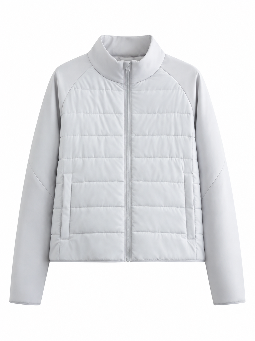 White quilted front knit sleeve zip jacket product photo