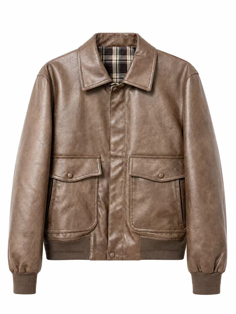 Mens brown faux leather collar bomber jacket product photo