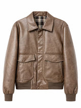 Mens brown faux leather collar bomber jacket product photo