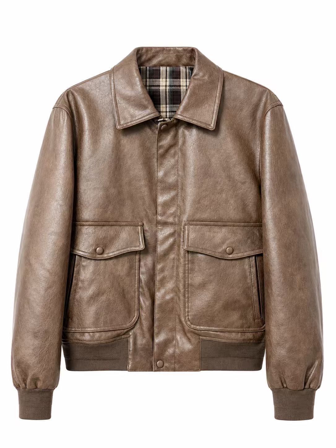 Mens brown faux leather collar bomber jacket product photo