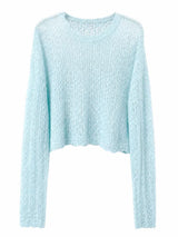 Woman modeling light blue relaxed open knit long sleeve sweater