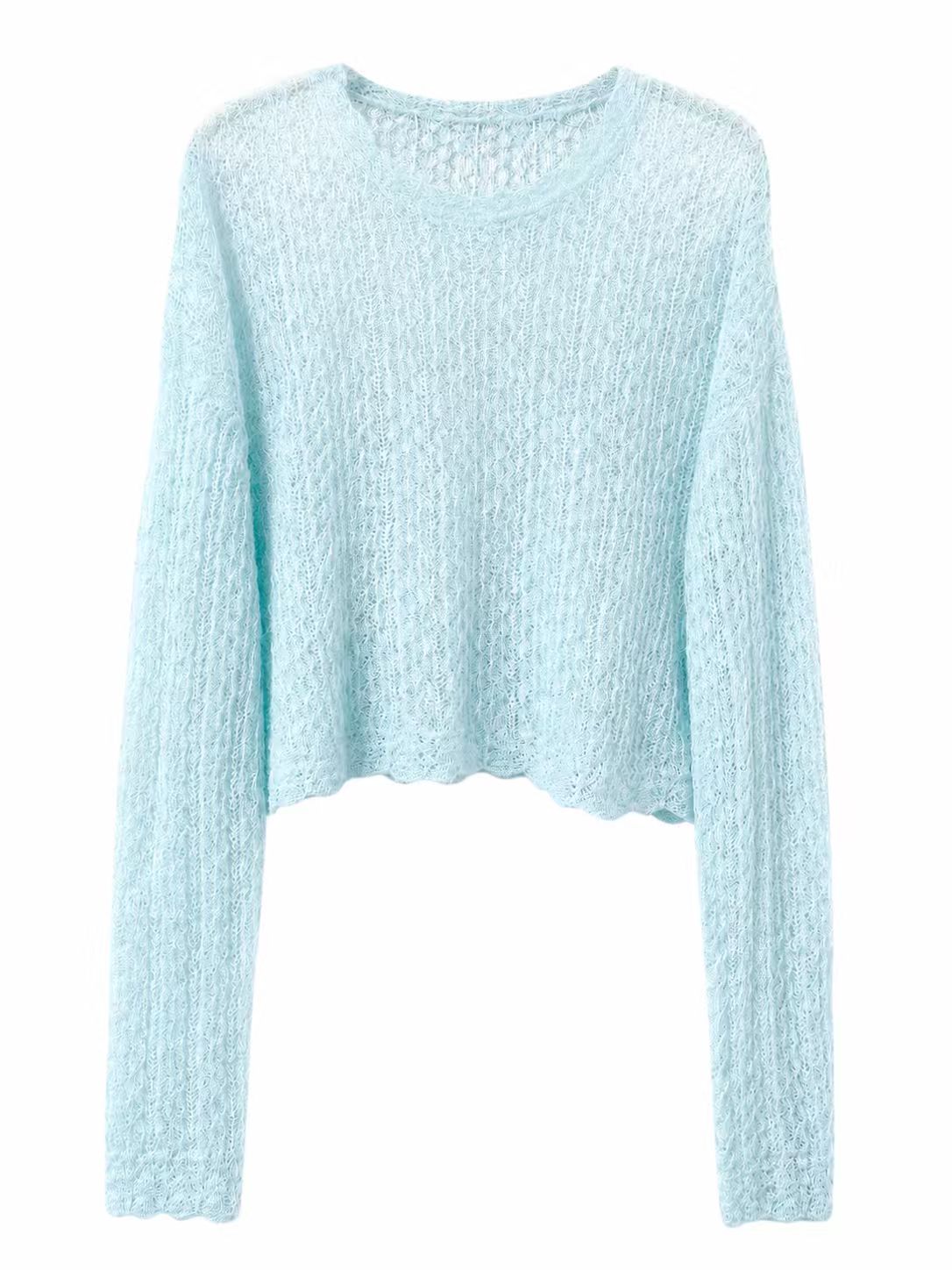 Woman modeling light blue relaxed open knit long sleeve sweater