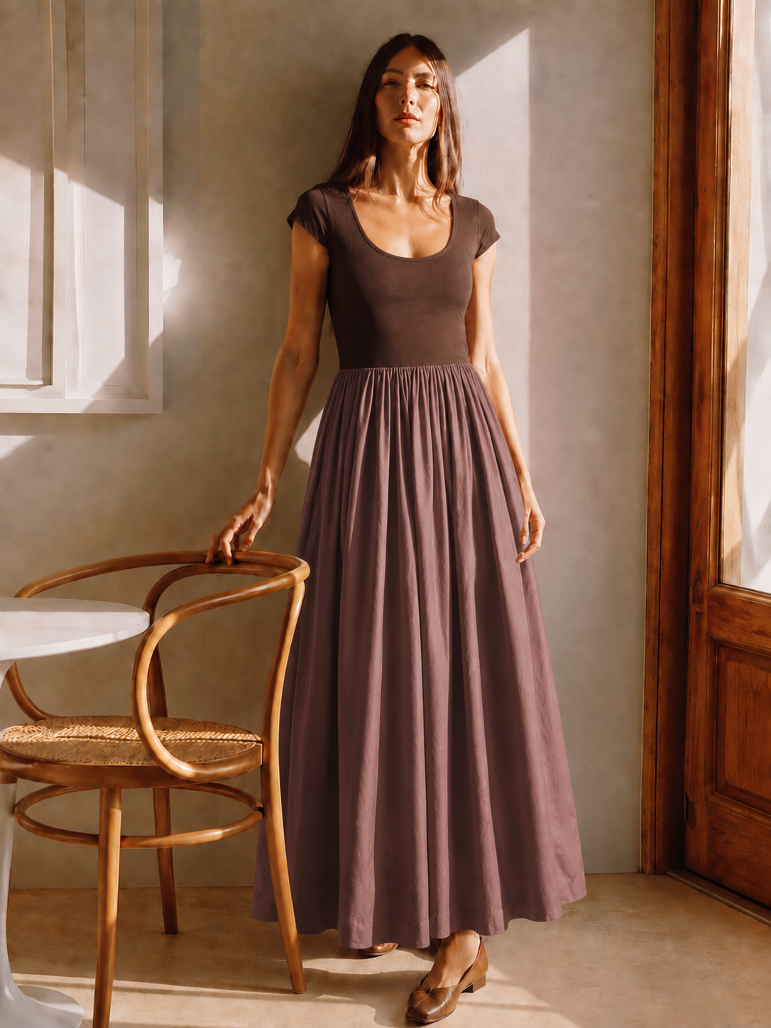 Mocha Brown Knit-Bodice Drop-Waist Maxi Dress