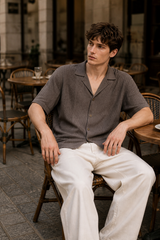 Men's brown viscose knit short-sleeve shirt cafe lifestyle model view