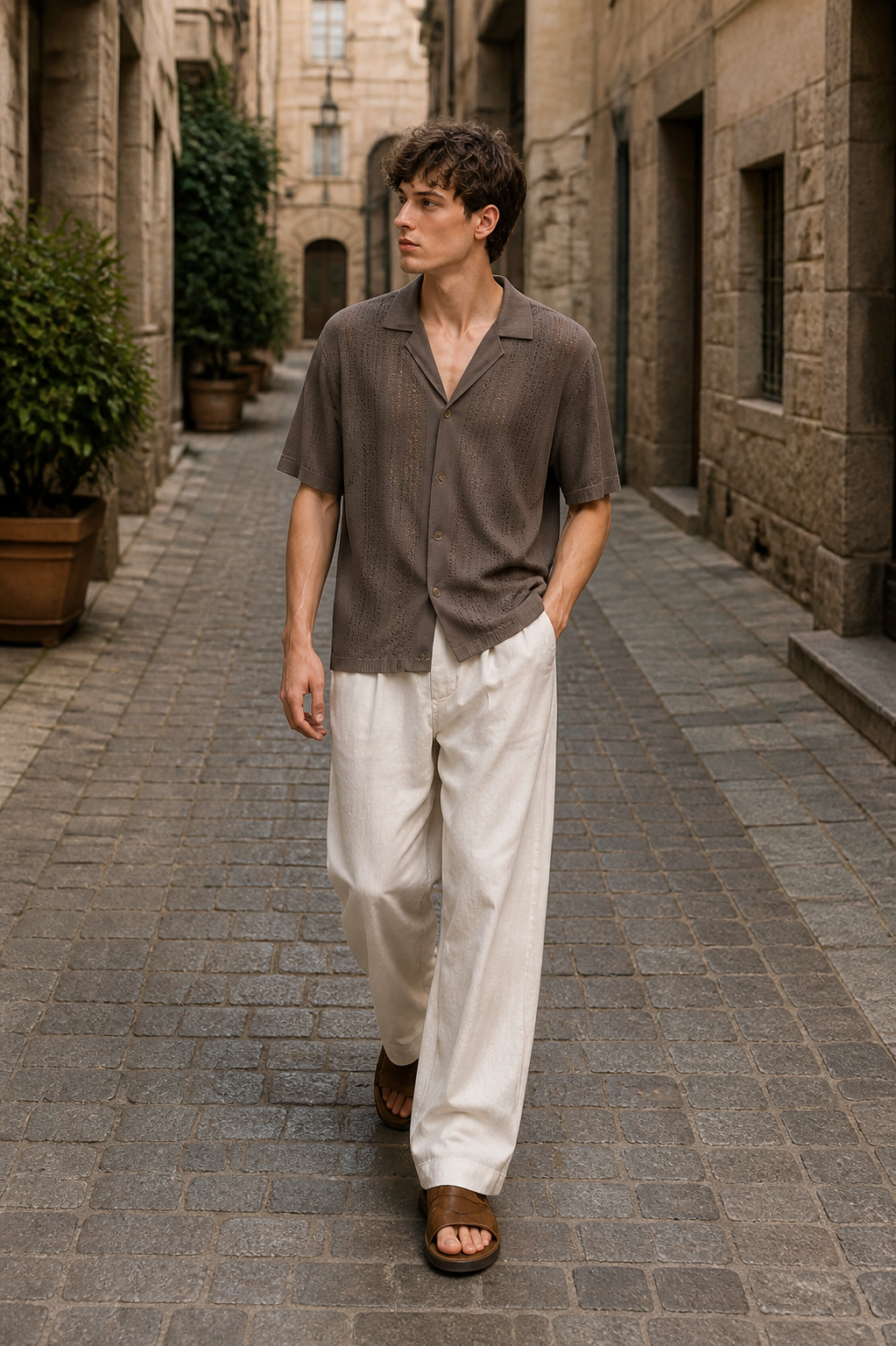 Men's Brown Viscose-Style Knit Short-Sleeve Shirt