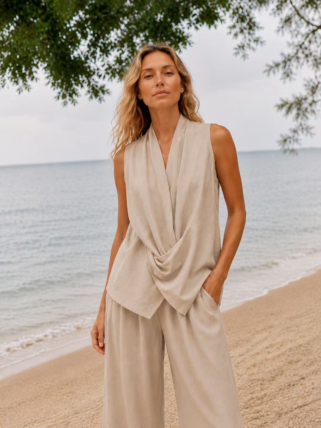 Taupe Draped Top and Wide-Leg Pants Co-ord Set