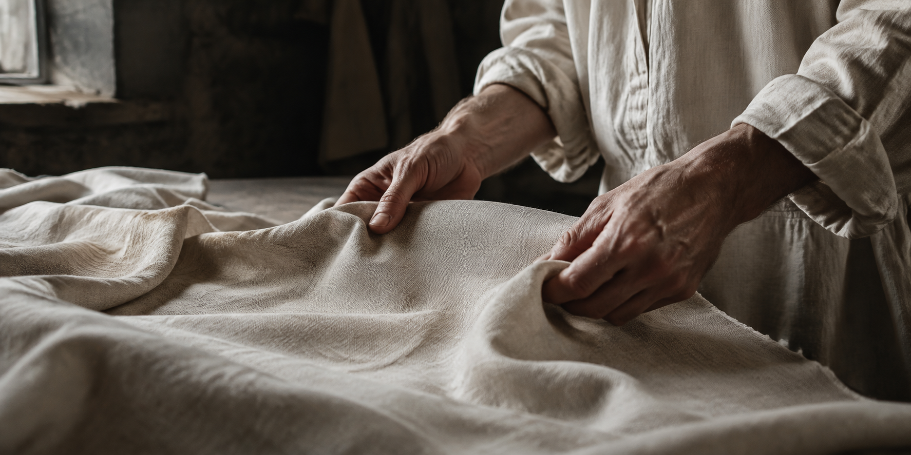 Hands evaluating natural fabric swatches