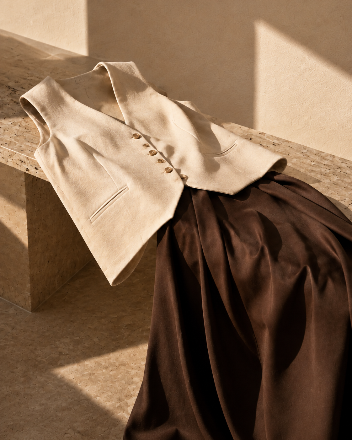 Ivory tailored waistcoat and chocolate draped skirt on a sunlit stone bench