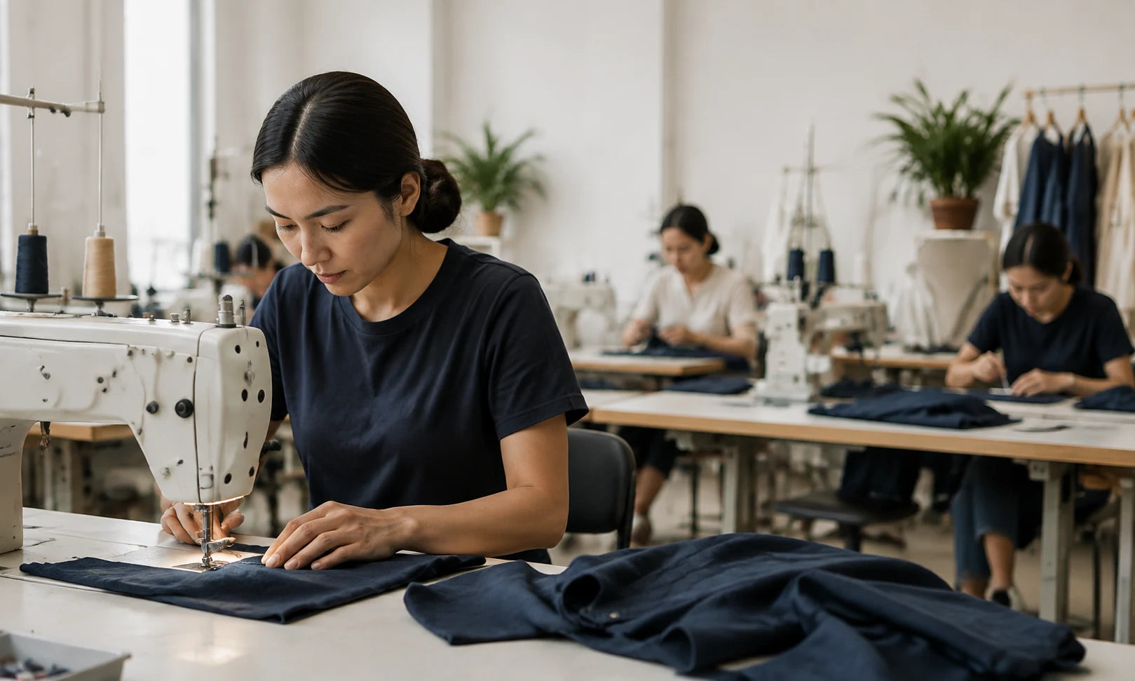 AI concept of a sewing workshop, not Minglang’s actual factory or team.