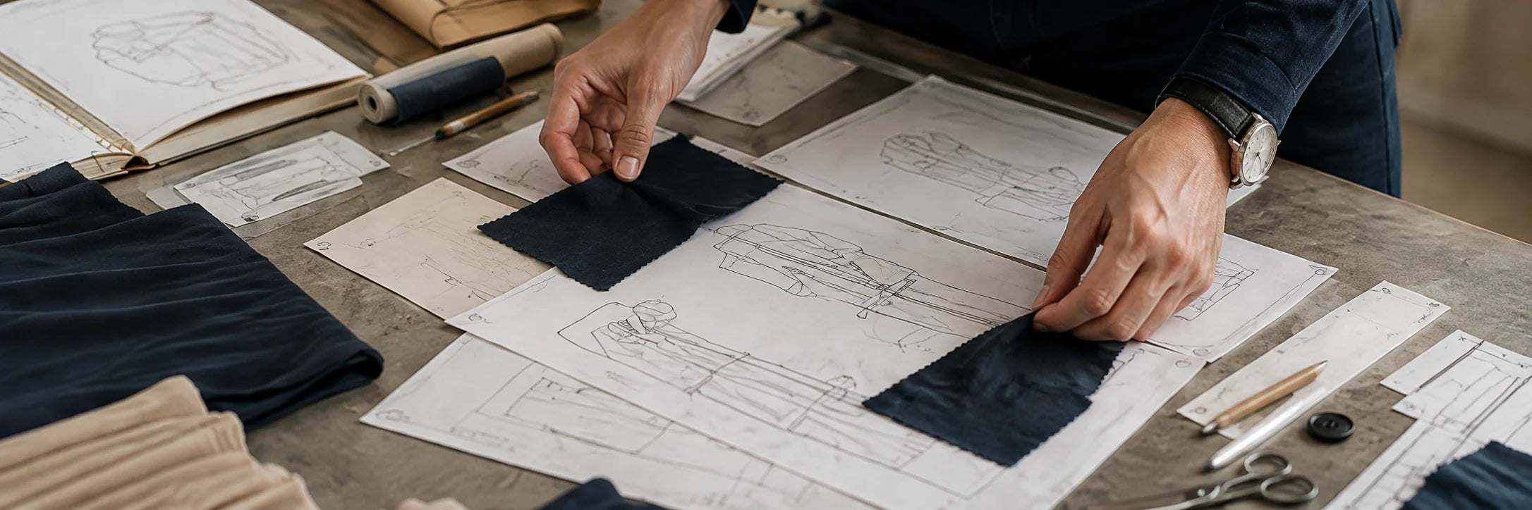 AI concept: hands comparing navy fabric swatches with garment sketches.