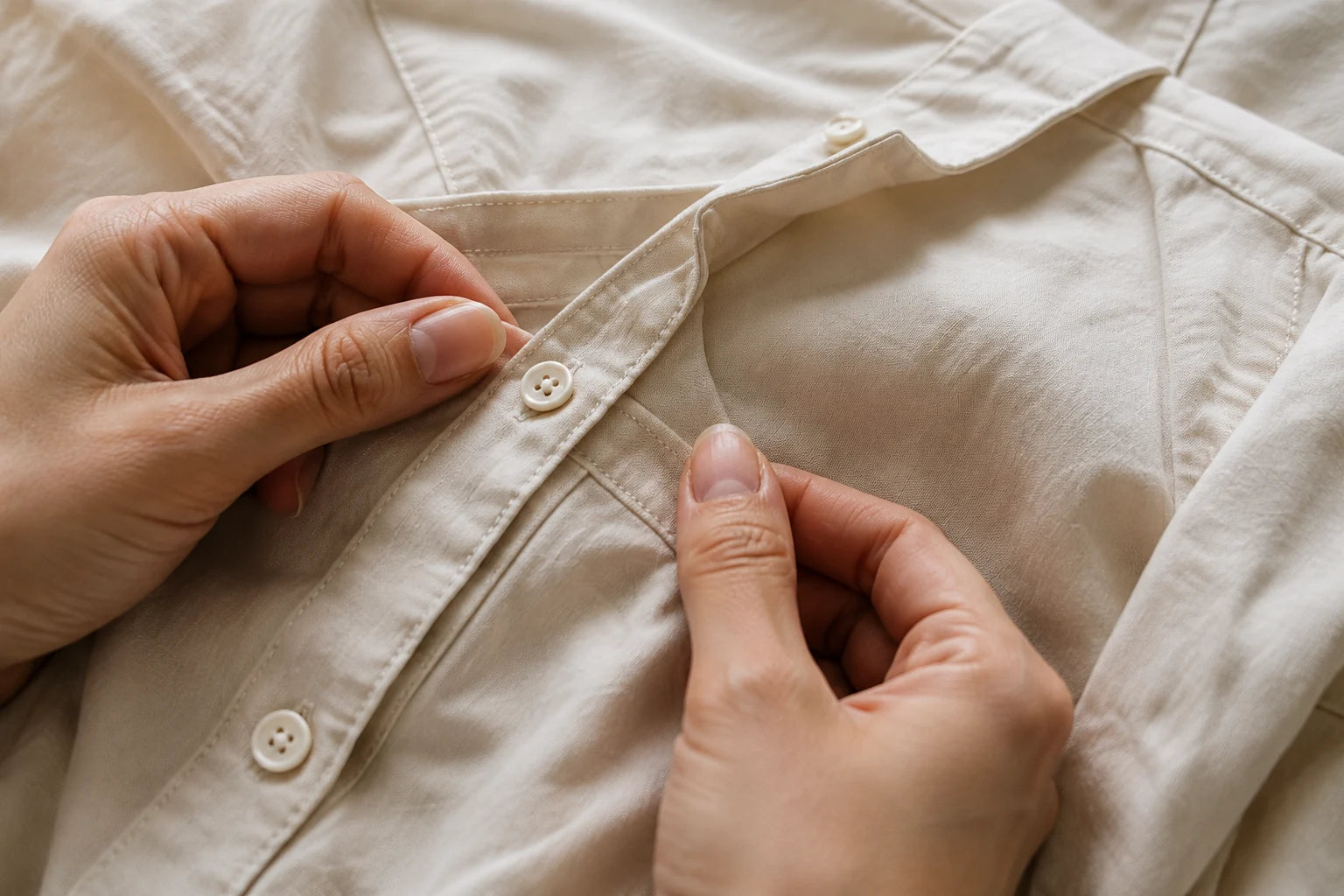 AI concept of hands examining an ivory shirt collar and button.
