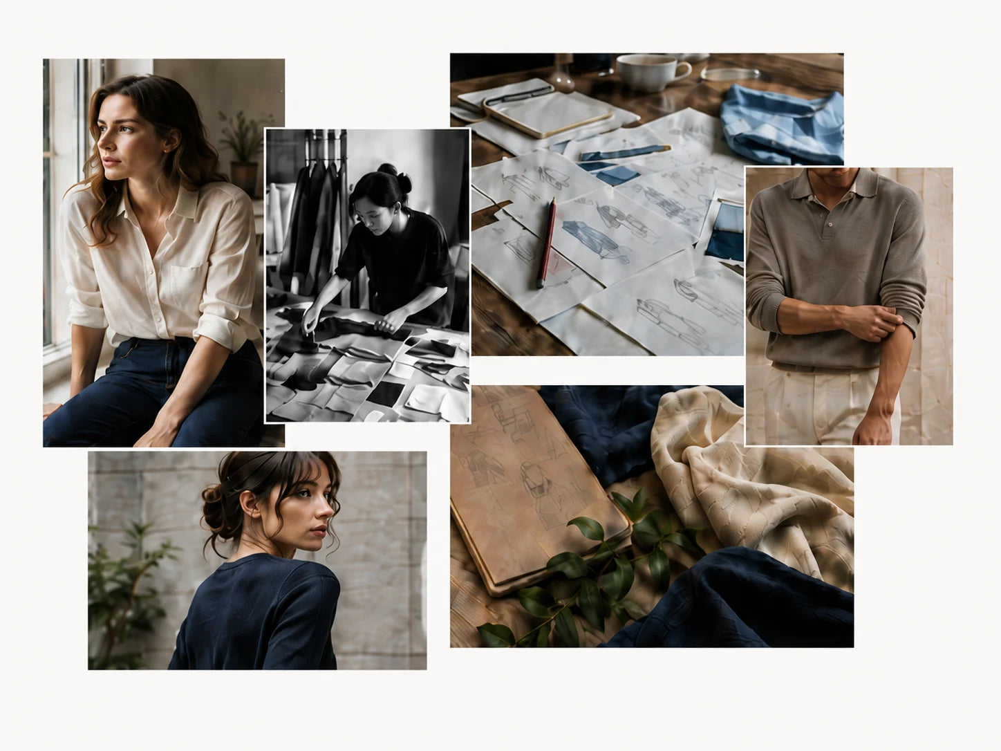 Editorial collage of relaxed casual clothing, design sketches and natural fabric textures.