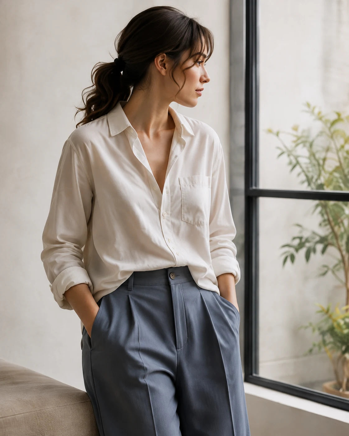 Ivory relaxed shirt and slate-blue trousers in natural window light.